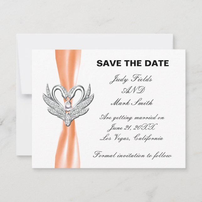 Orange Ribbon Silver Swans Save The Date Card (Front)