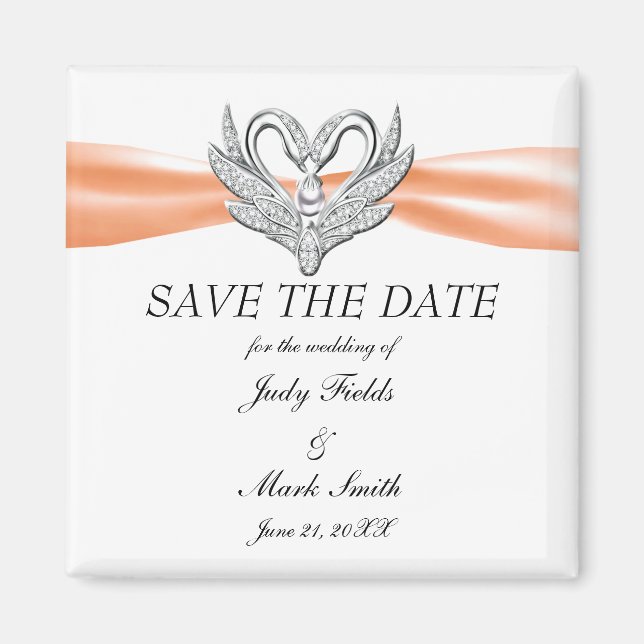 Orange Ribbon Silver Swans Save The Date Magnet (Front)