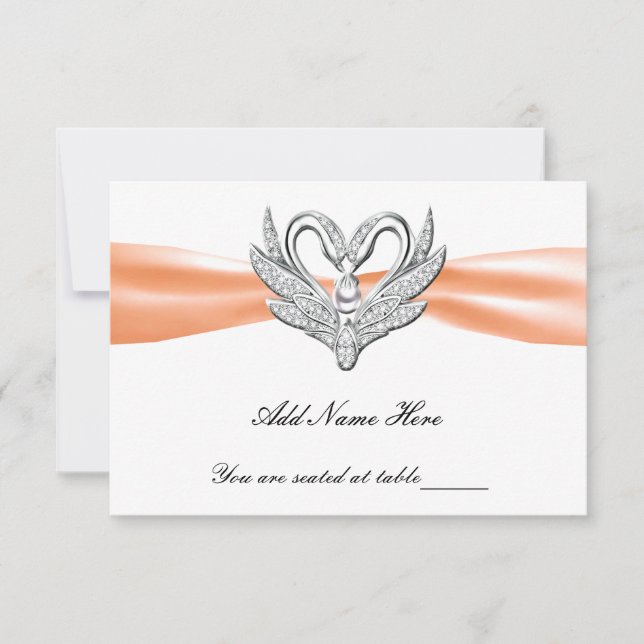 Orange Ribbon Silver Swans Table Place Card (Front)