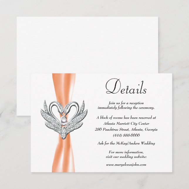 Orange Ribbon Silver Swans Wedding Details Enclosure Card (Front/Back)