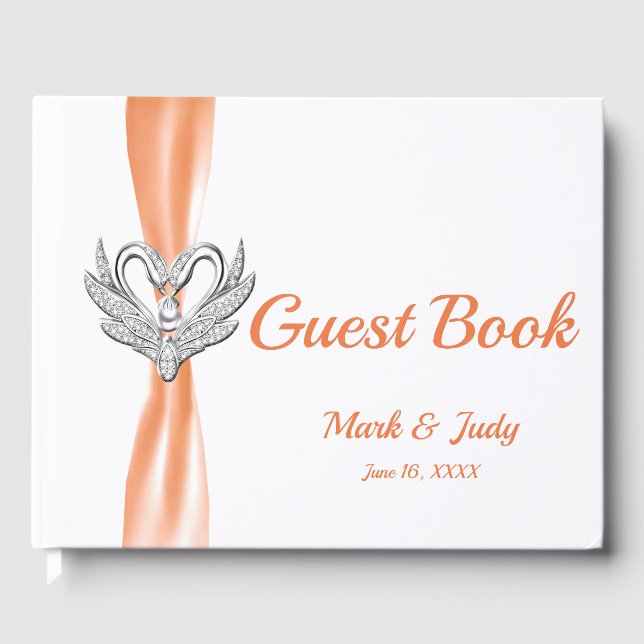 Orange Ribbon Silver Swans Wedding Guestbook (Front)