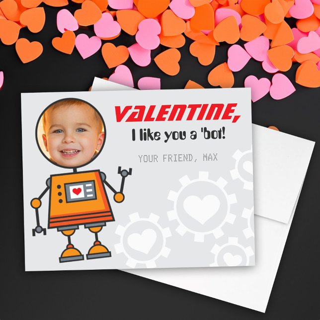 Orange Robot Valentines Day Kids Photo Classroom Holiday Card (Creator Uploaded)
