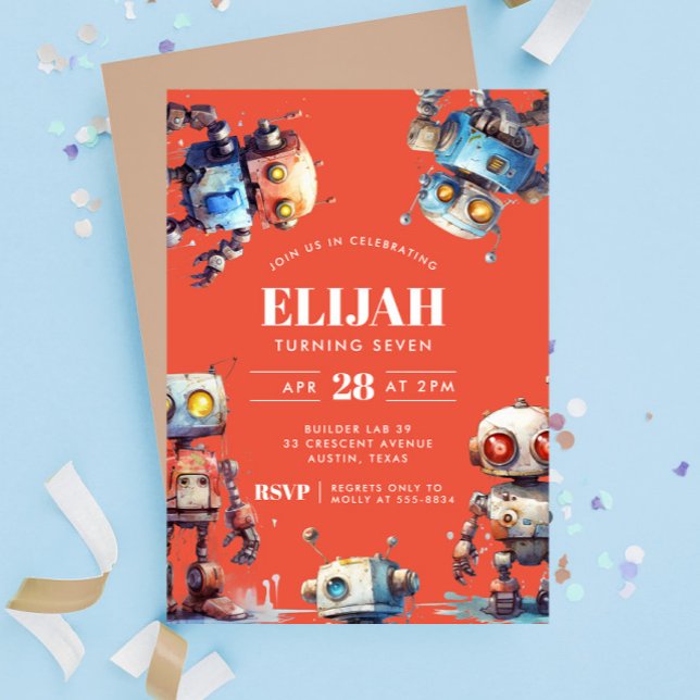 Orange Robots Tech Gear Builder Birthday Party Invitation (Creator Uploaded)