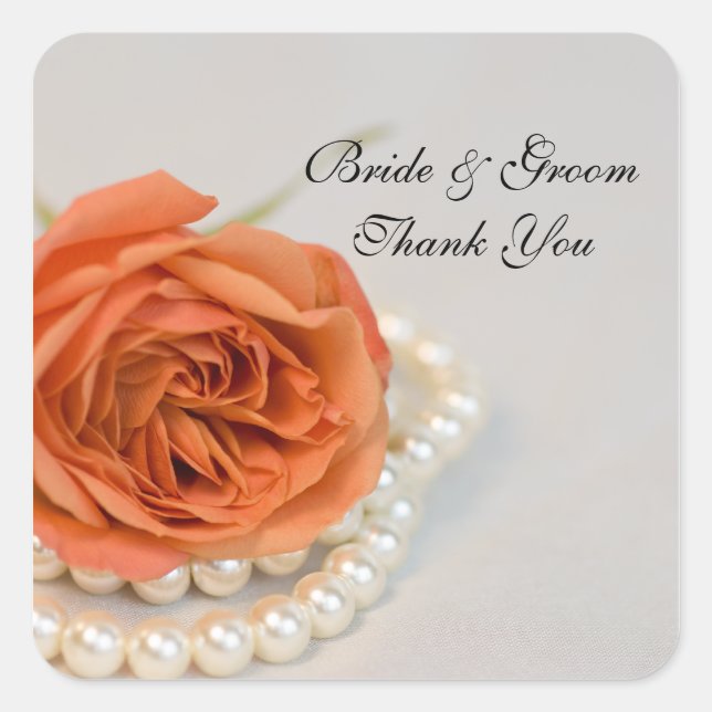 Orange Rose and Pearls Wedding Thank You Favour Ta Square Sticker (Front)