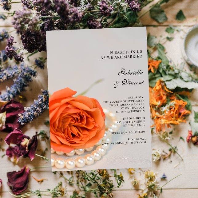 Orange Rose and White Pearls Wedding Invitation (Invite guests to your marriage with the elegant Orange Rose and Pearls Wedding Invitation.)