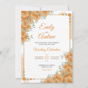 Orange Rose Bead Elegant Floral Watercolor Wedding Invitation