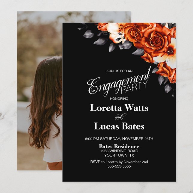 Orange Rose Floral Black Engagement Party Photo Invitation (Front/Back)