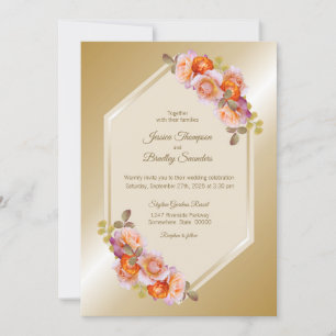 Orange Rose Floral Gold Floral Wedding Invitation