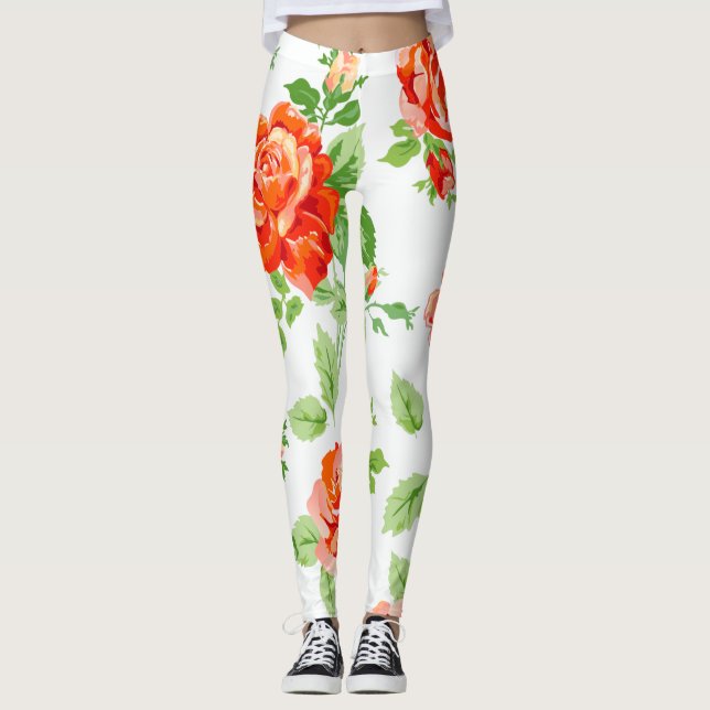 Orange rose floral print leggings (Front)