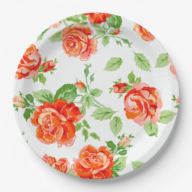 Orange rose floral print paper plate (Front)