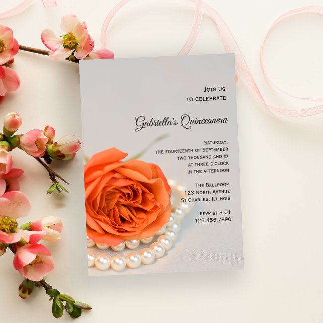 Orange Rose Flower and Pearls Quinceanera Party  Invitation (Creator Uploaded)