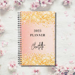 Orange rose gold glitter script glam 2023 planner<br><div class="desc">An orange and rose gold gradient background. Decorated with faux gold glitter sparkles. Personalize and add a title and a name. The name is written with a modern script,  signature look.</div>