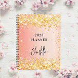 Orange rose gold glitter script glam 2023 planner<br><div class="desc">An orange and rose gold gradient background. Decorated with faux gold glitter sparkles. Personalize and add a title and a name. The name is written with a modern script,  signature look.</div>