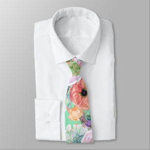 Orange Rose Gold Watercolor Floral on Neo Mint Tie
