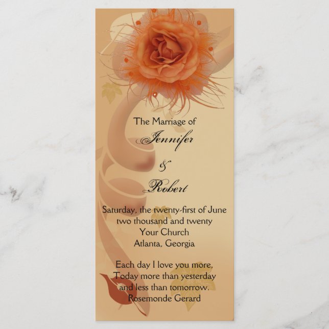 Orange Rose in the Fall Wedding Program Programme (Front)