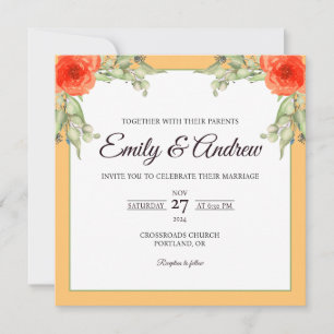 Orange Rose Leaf Floral Watercolor Square Wedding Invitation