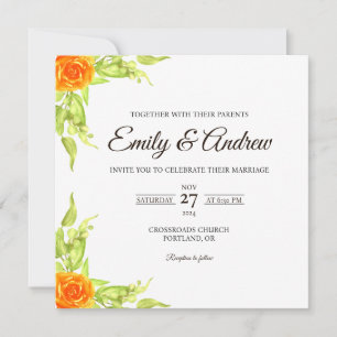 Orange Rose Leaf Floral Watercolor Square Wedding Invitation