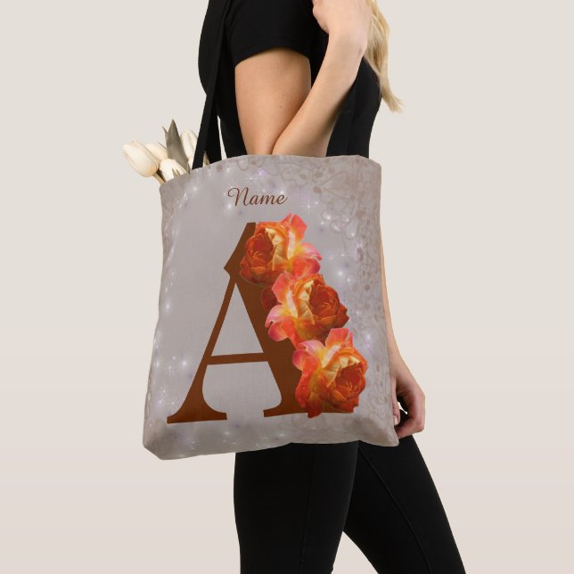 Orange Rose Monogram Initial A Personalised Tote Bag (Close Up)