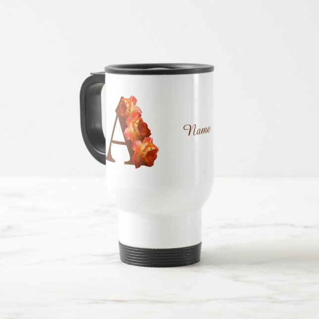 Orange Rose Monogram Initial A Personalised Travel Mug (Front Left)