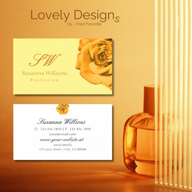 Orange Rose on Plain Peach White with Initials Business Card (Creator Uploaded)