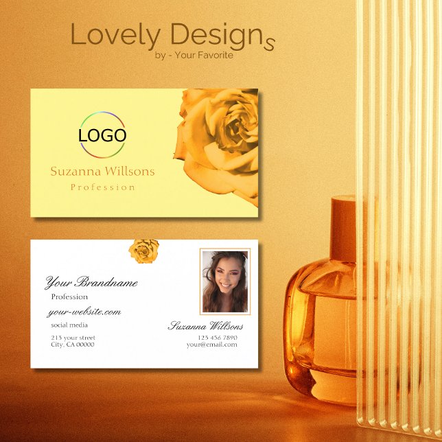 Orange Rose on Plain Peach White with Logo Photo Business Card (Creator Uploaded)