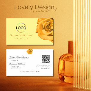 Orange Rose on Plain Peach White with Logo QR Code Business Card