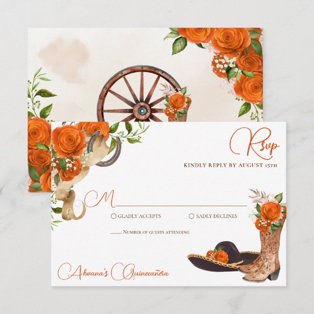 Orange Rose Rustic Charro Western Quinceanera RSVP Card (Front/Back)
