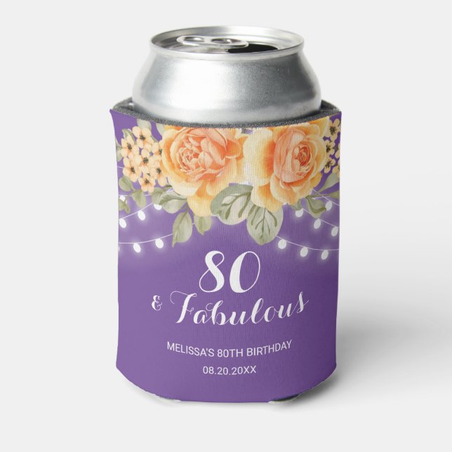 Orange Rose String Lights Purple Birthday Can Cooler (Can Back)