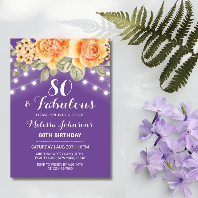 Orange Rose String Lights Purple Birthday Invitation (Creator Uploaded)