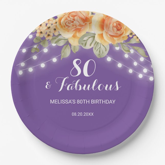 Orange Rose String Lights Purple Birthday Paper Plate (Front)