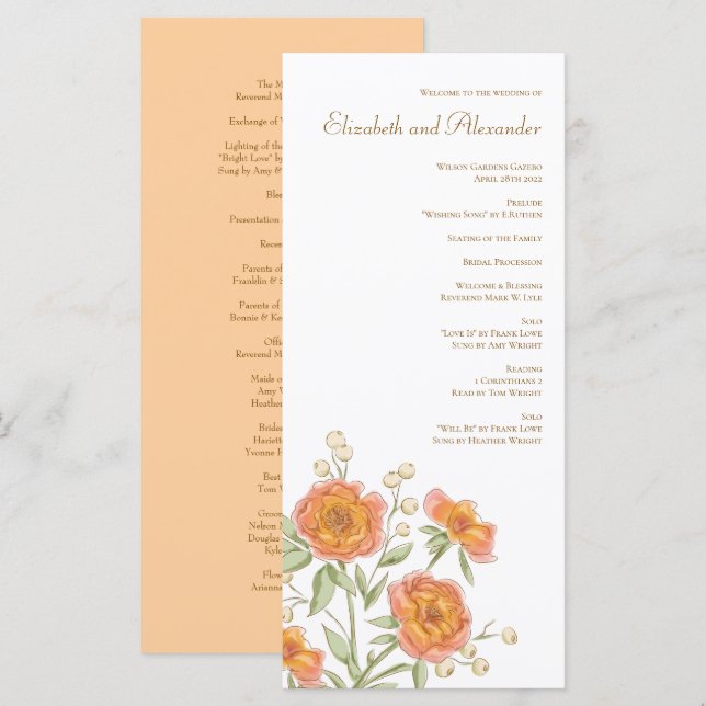 Orange Rose Wedding Programs Menu (Front/Back)