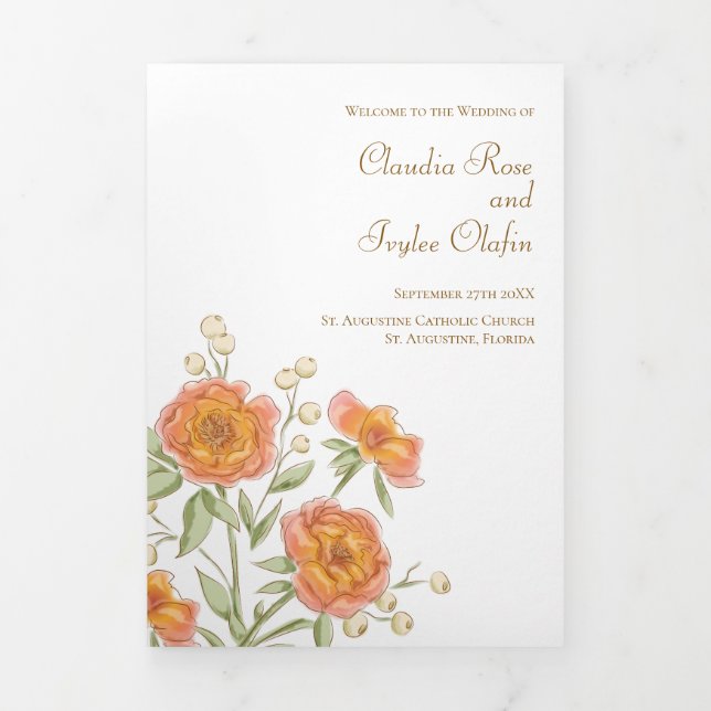 Orange Rose Wedding Programs Tri-Fold Programme (Cover)