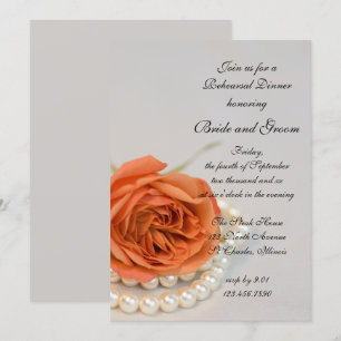 Orange Rose White Pearls Wedding Rehearsal Dinner Invitation