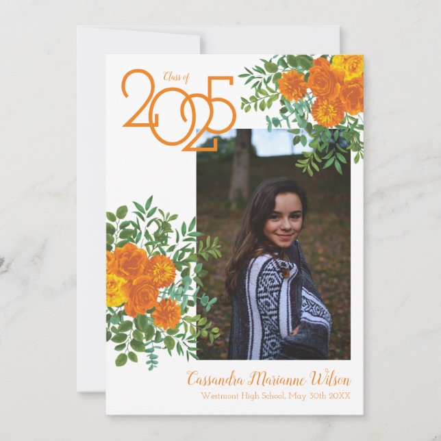 Orange Rose White Photo Graduation Announcement (Front)