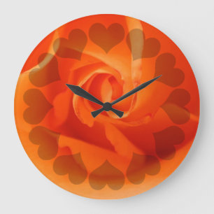 Orange Rose With Hearts Large Clock