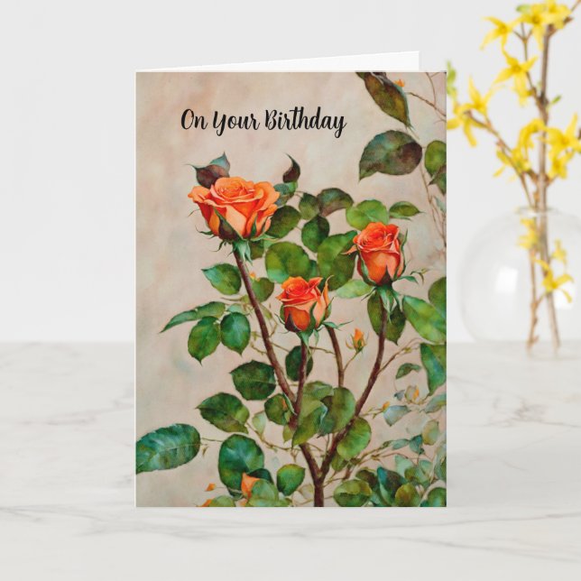 Orange Roses Flower Garden Art Birthday Card (Yellow Flower)