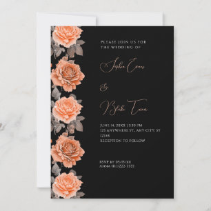 Orange Roses Modern Fall Black Wedding Invitation