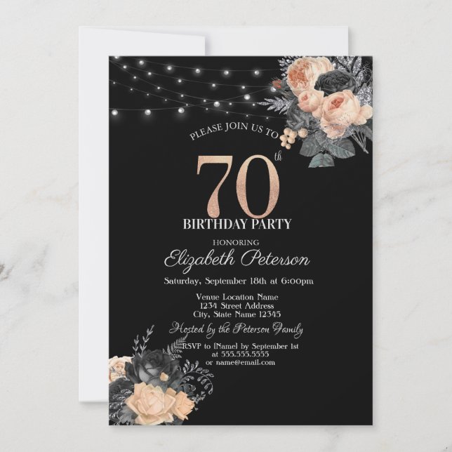 Orange Roses String Lights Black 70th Birthday Invitation (Front)