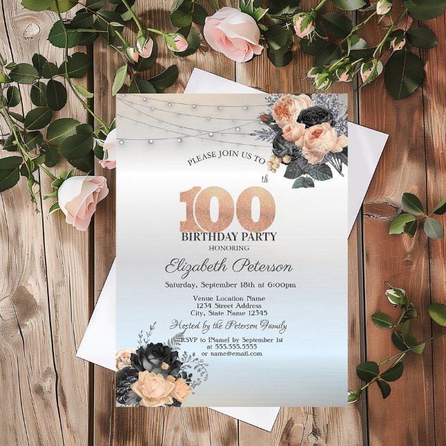 Orange Roses String Lights Silver 100th Birthday Invitation (Creator Uploaded)