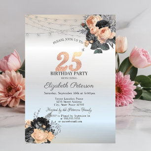 Orange Roses String Lights Silver 25th Birthday Invitation