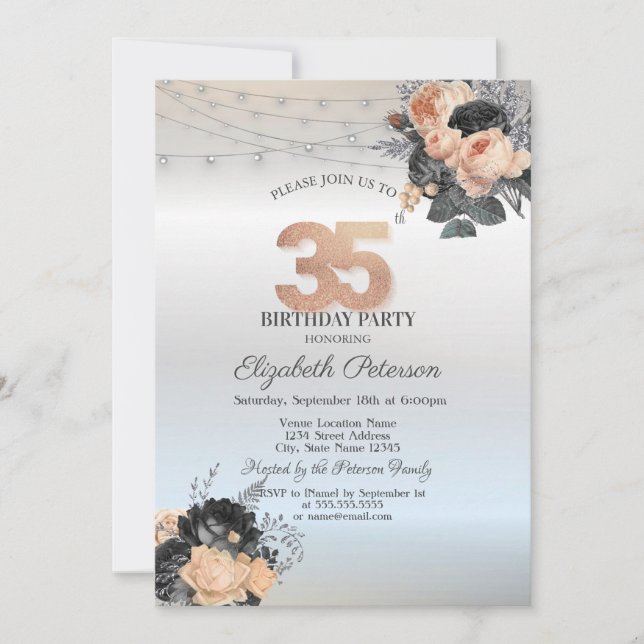 Orange Roses String Lights Silver 35th Birthday Invitation (Front)