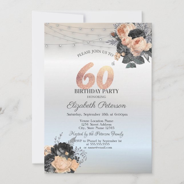 Orange Roses String Lights Silver 60th Birthday Invitation (Front)