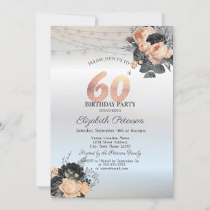 Orange Roses String Lights Silver 60th Birthday Invitation