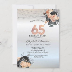 Orange Roses String Lights Silver 65th Birthday Invitation
