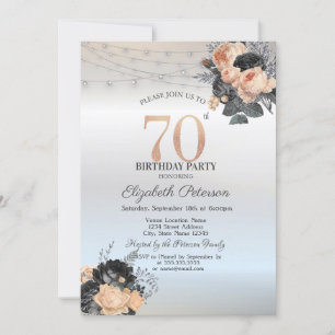 Orange Roses String Lights Silver 70th Birthday Invitation