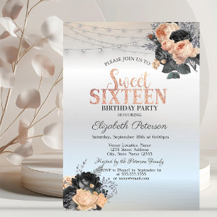 Orange Roses String Lights Silver Sweet 16 Invitation