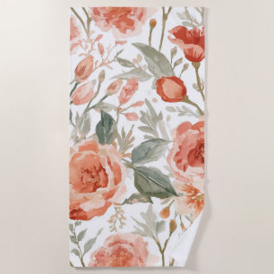 Orange Roses Watercolor Botanical Coral Floral Beach Towel