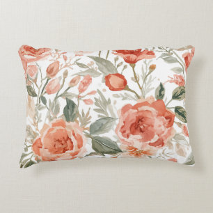 Orange Roses Watercolor Botanical Coral Floral Decorative Cushion