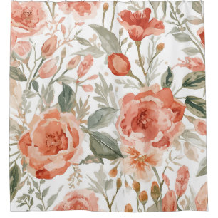 Orange Roses Watercolor Botanical Coral Floral Shower Curtain