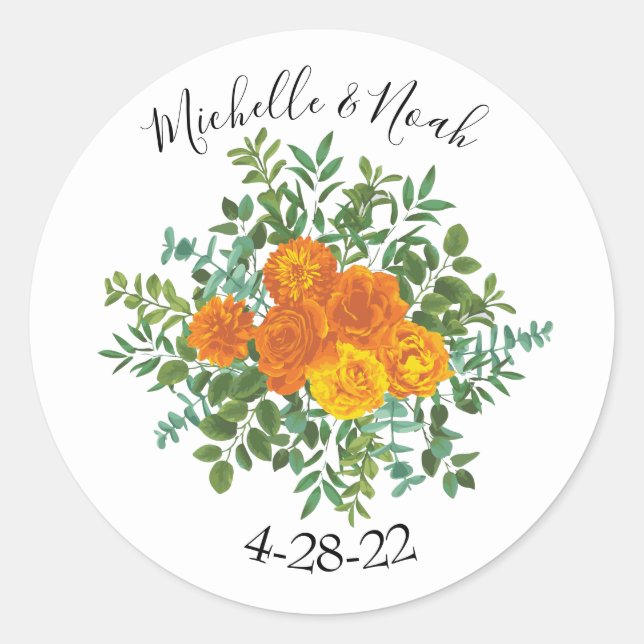 Orange Roses Wedding Floral Modern Classic Round Sticker (Front)